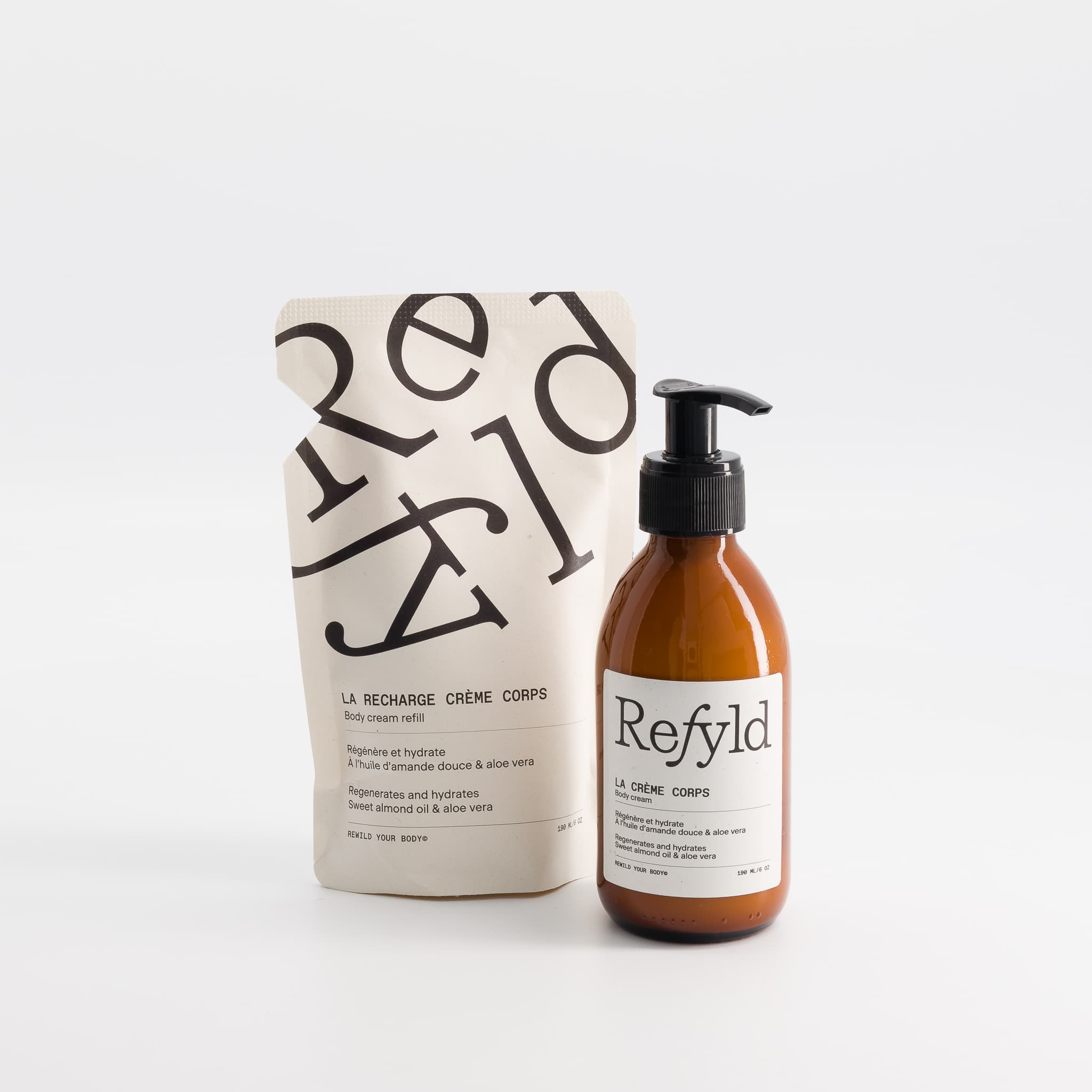 Le flacon et la recharge de crème corps Refyld