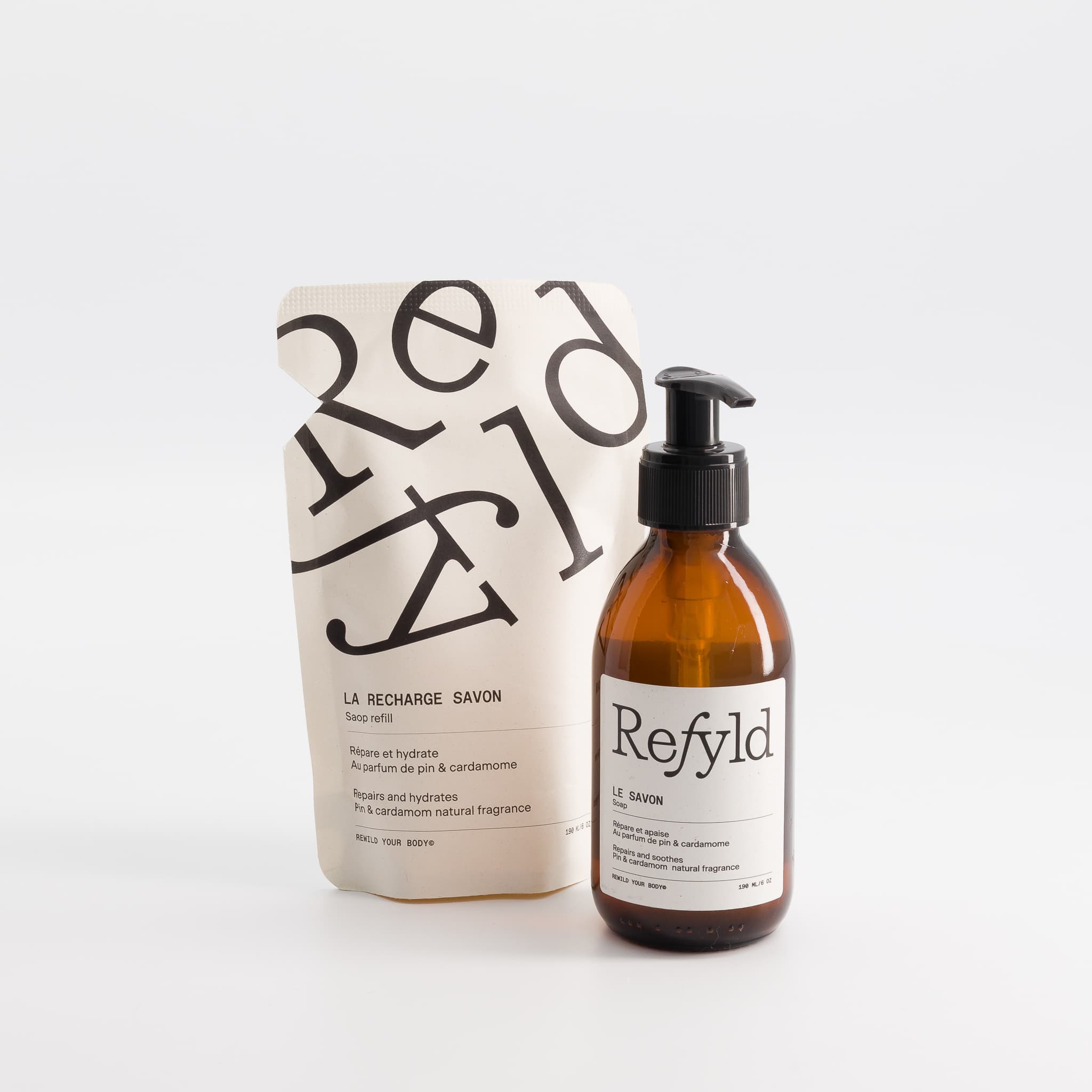 Le flacon et la recharge de savon Refyld
