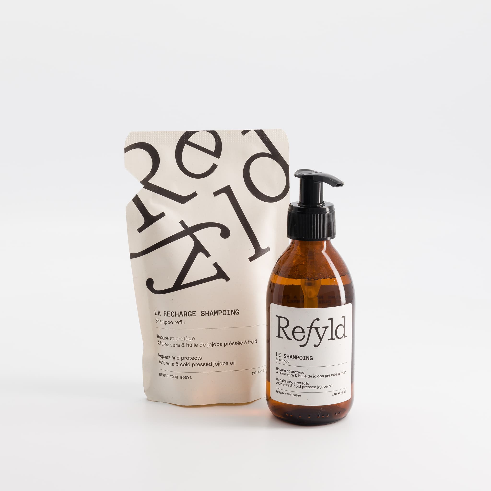 Le flacon et la recharge de shampoing Refyld